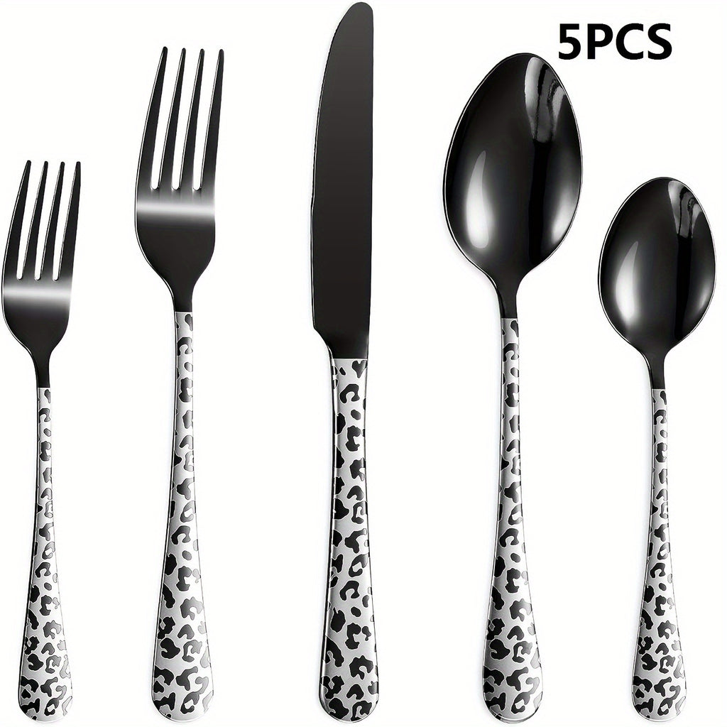 Black cutlery set includes spoons, forks, knives, stainless steel cutlery set, leopard print pattern innovative cutlery set, 5/20pcs, dishwasher washable, mirror polished cutlery set