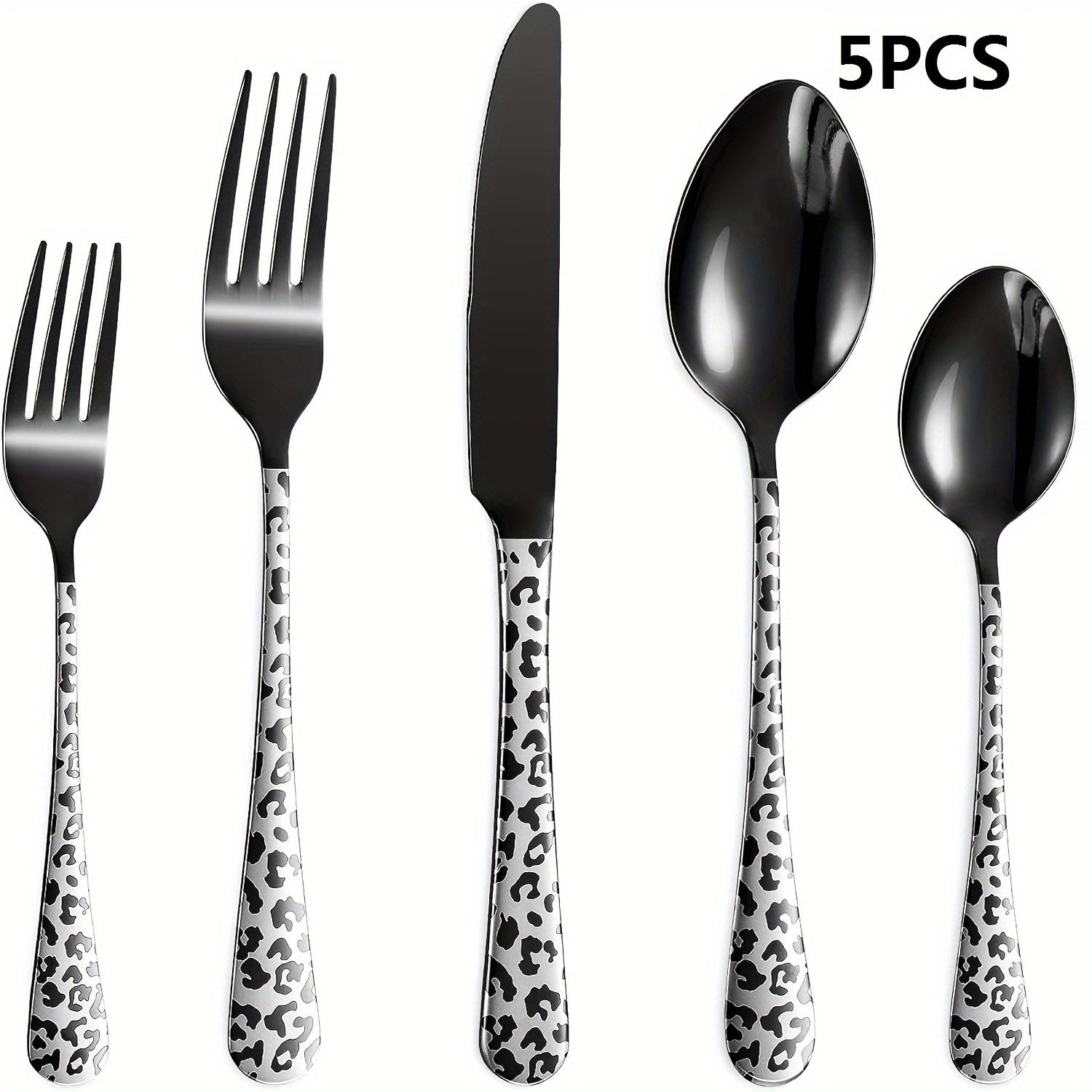 Black cutlery set includes spoons, forks, knives, stainless steel cutlery set, leopard print pattern innovative cutlery set, 5/20pcs, dishwasher washable, mirror polished cutlery set