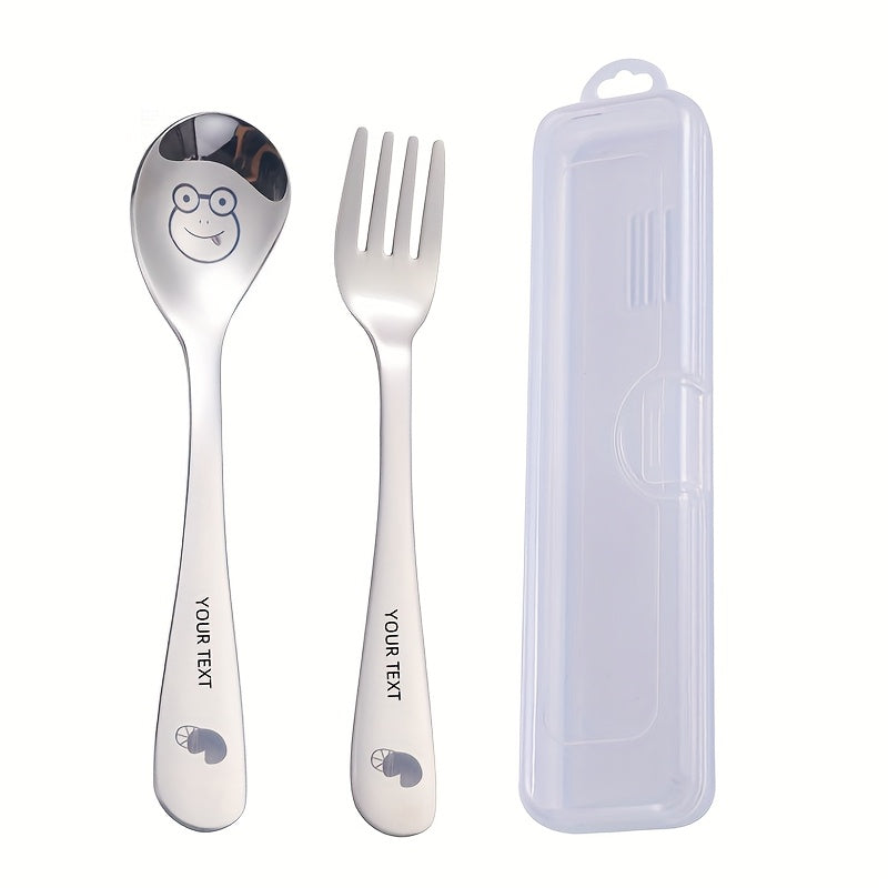 Personalized Customization, 2pcs+Box Portable Cutlery Set with Fork Spoon, Reusable Stainless Steel Fork Spoon Set, Cute Cartoon Cutlery with Cutlery Box, Suitable for Travel, Outdoor Camping, Gift Giving, Cats, Dogs, Pigs, Frogs, Deer