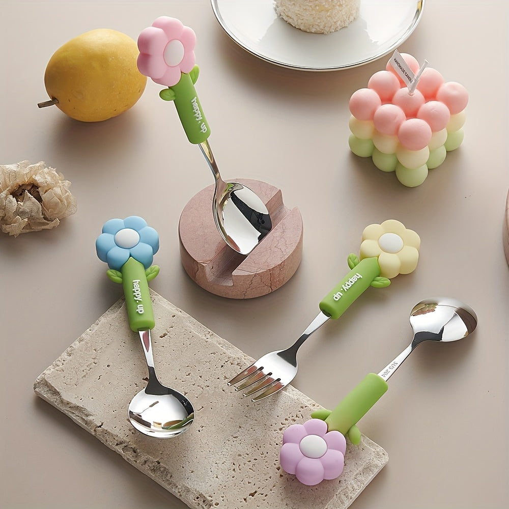 4pcs Flower Silicone Handle Fork and Spoon Set Stainless Steel Tableware Suitable for Kitchen Restaurant Hotel Carrying Party Travel Camping