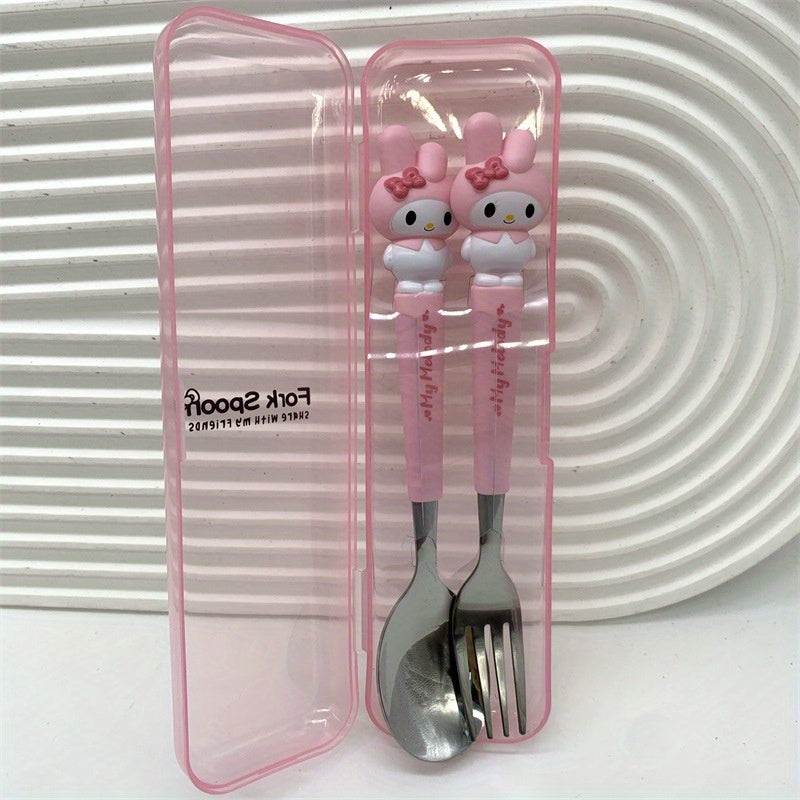 KT Cutlery Set - Outdoor Chopsticks, Knife & Fork Sanrio 2pcs Set: Hello Kitty, Cinnamon Dog, Melody Spoon and Fork Combo, Cute Cartoon Stainless Steel with 3D Silicone Handle for Camping Picnic, All-Season Use