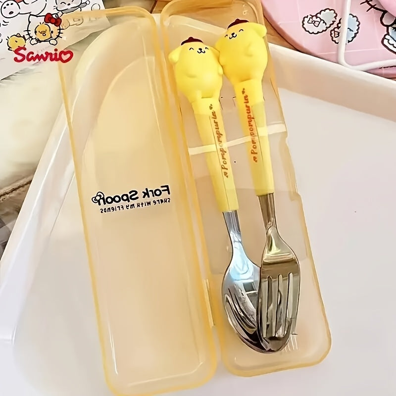 2pcs Sanrio Stainless Steel Portable Cutlery Set - Cute Cartoon Design with Pink Handles, Includes Spoon and Fork, Ideal for Outdoor Travel and Daily Use, Travel Essentials|Playful Design|Durable Cutlery