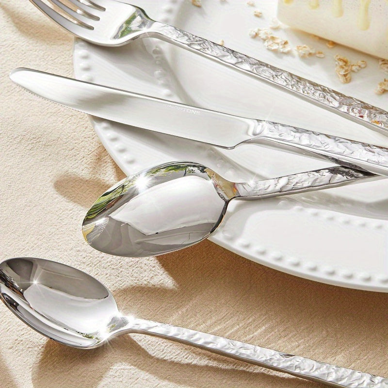 40pcs Hammered Silverware Set 8, 1810 Stainless Steel Heavy Duty Flatware Set, Tableware Cutlery Utensil Sets Home Restaurant Dishwasher Safe, Perfect for Thanksgiving, Christmas, Halloween, Easter, Mother'S Day, Father'S Day, Thanksgiving Decorations,