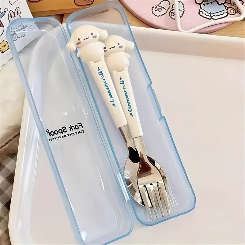 2pcs Sanrio Stainless Steel Portable Cutlery Set - Cute Cartoon Design with Pink Handles, Includes Spoon and Fork, Ideal for Outdoor Travel and Daily Use, Travel Essentials|Playful Design|Durable Cutlery
