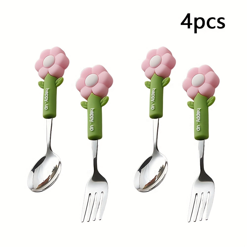 4pcs Flower Silicone Handle Fork and Spoon Set Stainless Steel Tableware Suitable for Kitchen Restaurant Hotel Carrying Party Travel Camping