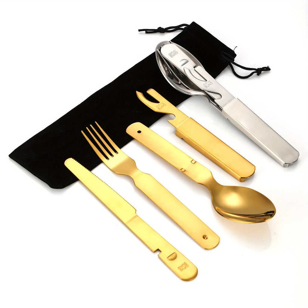 Personalized customization, 4pcs stainless steel portable outdoor tableware set - suitable for travel, equipped with knife, fork, spoon, bottle opener and storage bag - outdoor combination tableware, camping outdoor travel Golden, black and Silvery