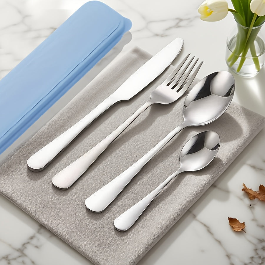 5pcs Portable Stainless Steel Cutlery Set with Storage Box, Reusible Silverware Camping Utensils Includes Fork Spoon Knife Dishwasher Safe for Work School Picnic Travel Lunchbox Kit