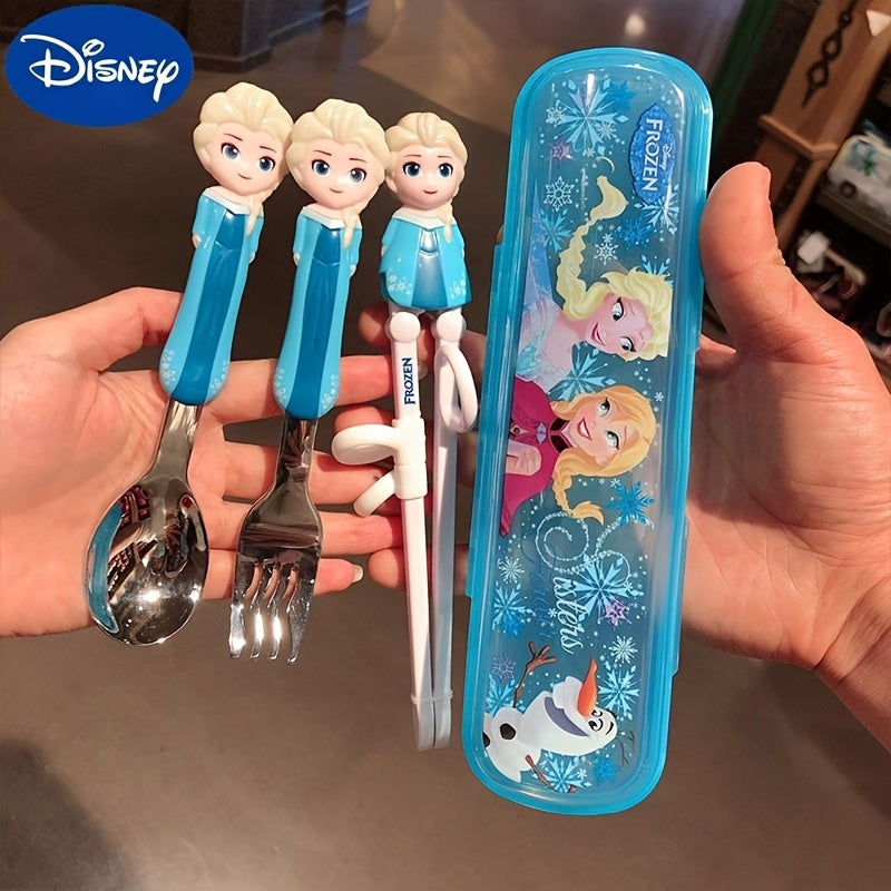 4pcs Training Chopsticks and 304 Stainless Steel Fork and Spoon, Cartoon Novelty Style with Box, Elsa Princess, Mickey and Minnie, Stitch Can Be Selected, Portable Learning Chopsticks Cute Tableware, Suitable for Beginners Outdoor Camping Accessories Home