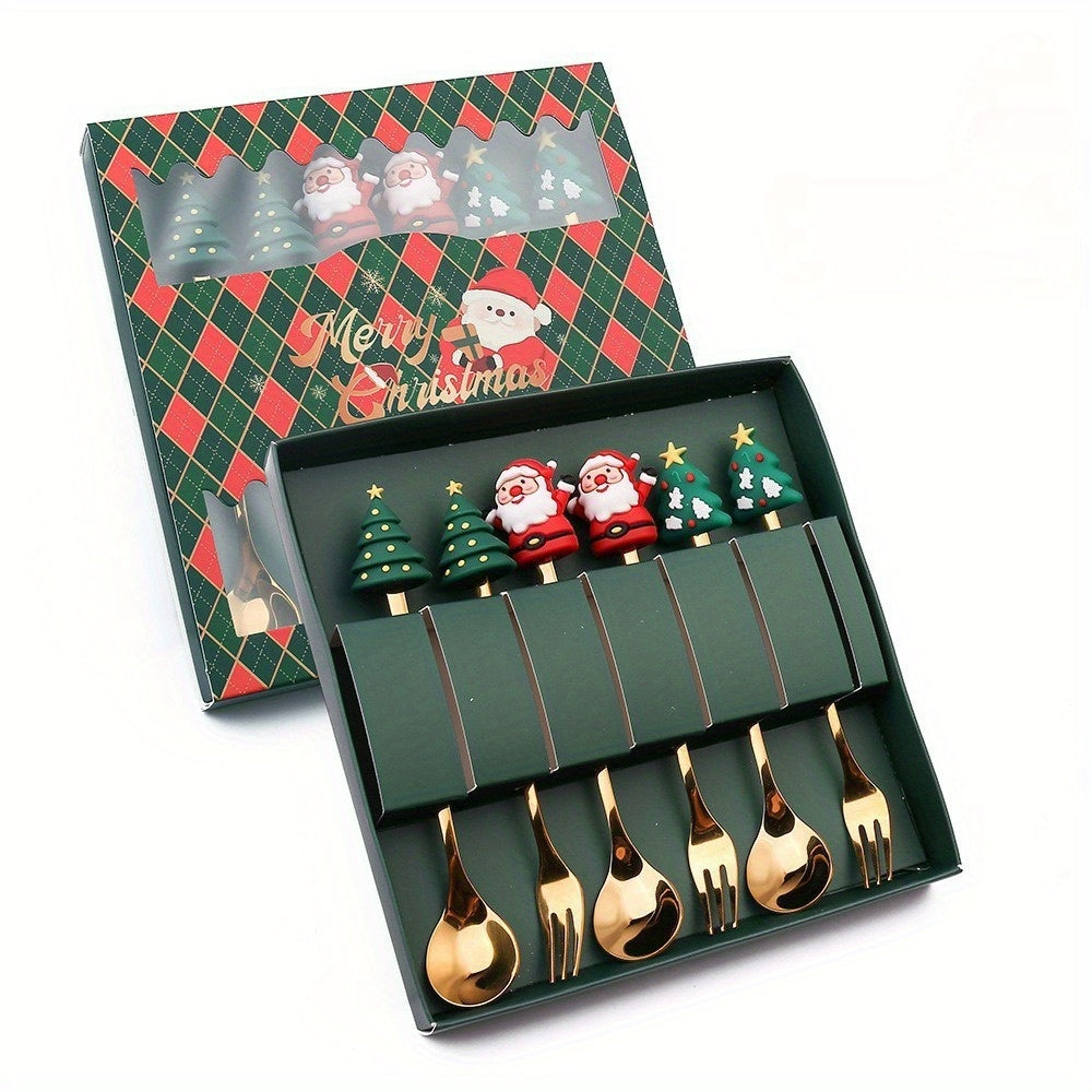 6pcs Stainless Steel Holiday Cutlery Set with Santa & Snowman Dessert Spoons and Forks - 410 Grade Rust-Resistant Christmas, Halloween, Thanksgiving & Eid al-Fitr Gift Box - Festive Tableware for Family Gatherings, Parties, and Seasonal Decorations -