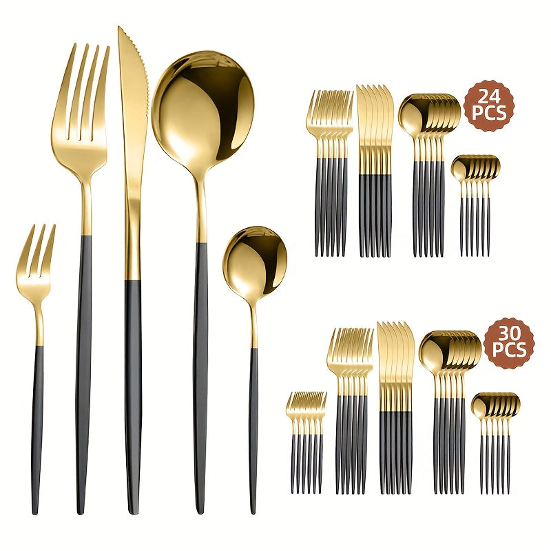 24/30pcs Portuguese Stainless Steel Cutlery Set | 6-Person High-End Mirror Polished Tableware with Steak Knife + Salad Fork + Dessert Spoon | Dishwasher Safe & Rust-Resistant | Suitable for Home/Restaurant/Party | Recommended Christmas Gift | Black Golden