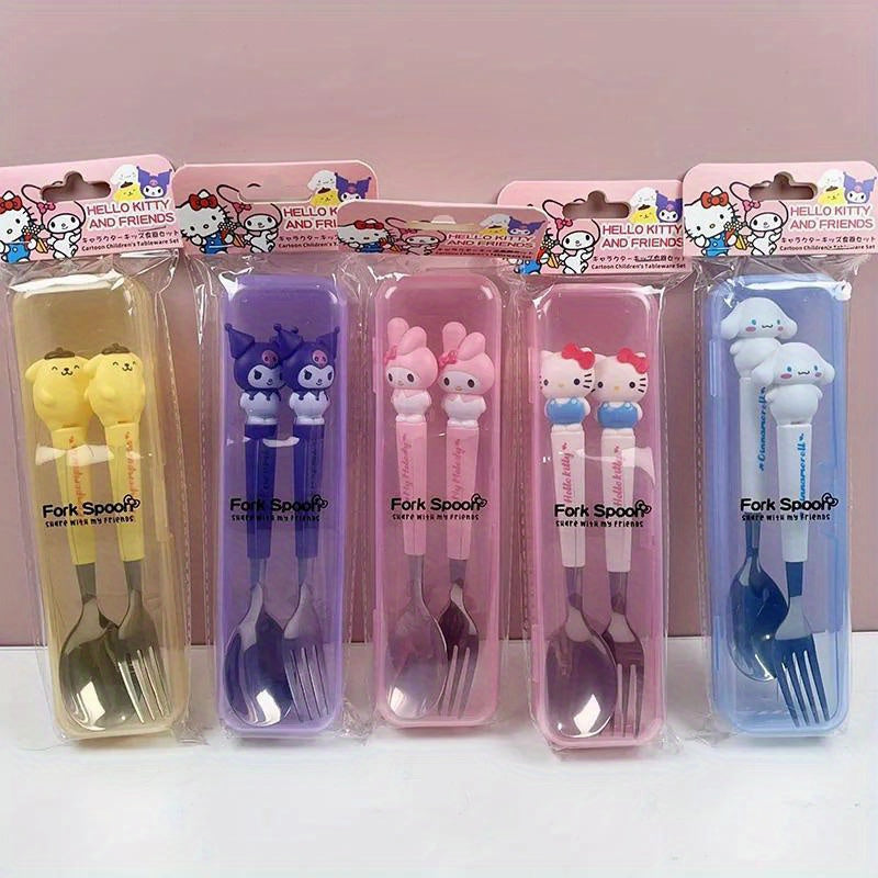 2pcs Sanrio Stainless Steel Portable Cutlery Set - Cute Cartoon Design with Pink Handles, Includes Spoon and Fork, Ideal for Outdoor Travel and Daily Use, Travel Essentials|Playful Design|Durable Cutlery