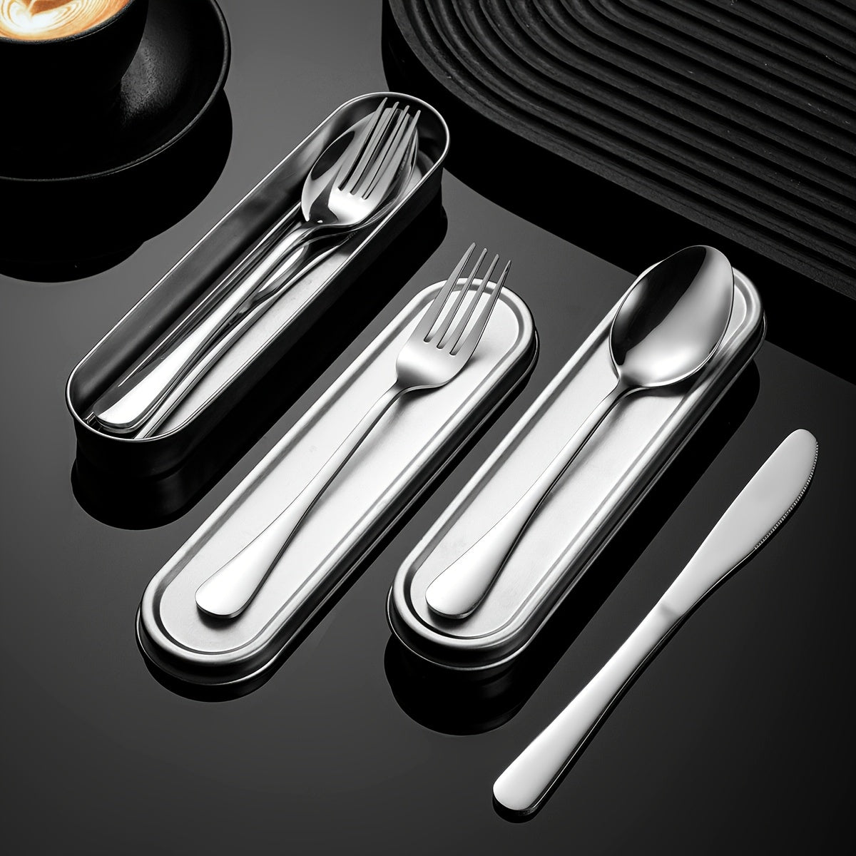 Customize your text with a 3/4pcs 304 Silvery stainless steel knives, forks, spoons, and portable cutlery boxes. The silverware set is easy to store, not damaged, and suitable for going out, picnicking, camping, outdoor activities, and school season