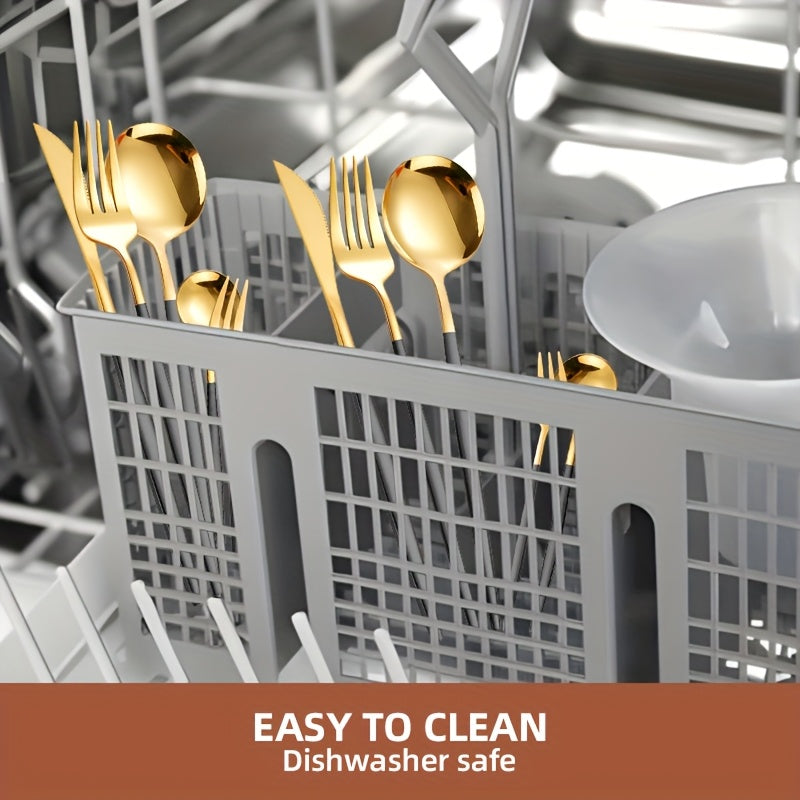 24/30pcs Portuguese Stainless Steel Cutlery Set | 6-Person High-End Mirror Polished Tableware with Steak Knife + Salad Fork + Dessert Spoon | Dishwasher Safe & Rust-Resistant | Suitable for Home/Restaurant/Party | Recommended Christmas Gift | Black Golden