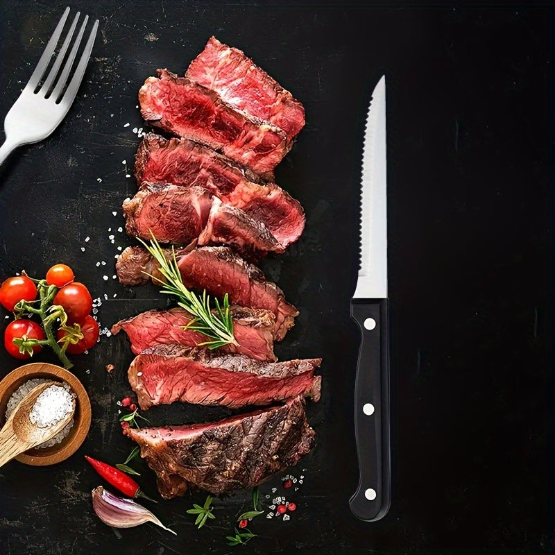 12pcs Stainless Steel Knife and Fork Cutlery Set Classic Black Steak Knife and Fork Dining Table Colorful Pizza Knife Multi-purpose Serrated Bread Knife BBQ Camping Steak Knife and Fork