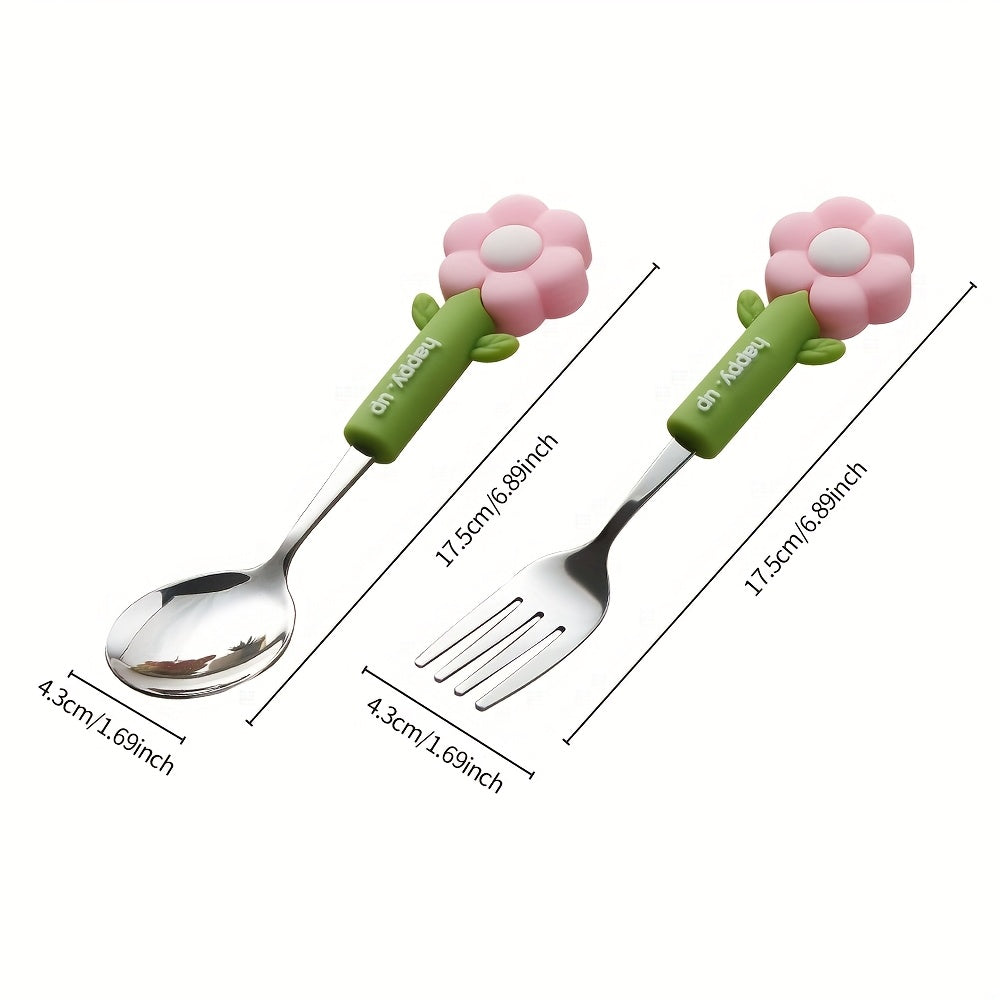 4pcs Flower Silicone Handle Fork and Spoon Set Stainless Steel Tableware Suitable for Kitchen Restaurant Hotel Carrying Party Travel Camping