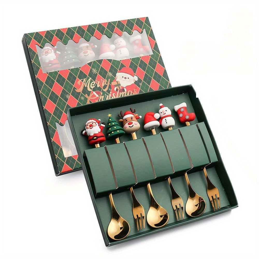 6pcs Stainless Steel Holiday Cutlery Set with Santa & Snowman Dessert Spoons and Forks - 410 Grade Rust-Resistant Christmas, Halloween, Thanksgiving & Eid al-Fitr Gift Box - Festive Tableware for Family Gatherings, Parties, and Seasonal Decorations -