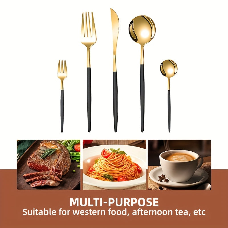 24/30pcs Portuguese Stainless Steel Cutlery Set | 6-Person High-End Mirror Polished Tableware with Steak Knife + Salad Fork + Dessert Spoon | Dishwasher Safe & Rust-Resistant | Suitable for Home/Restaurant/Party | Recommended Christmas Gift | Black Golden