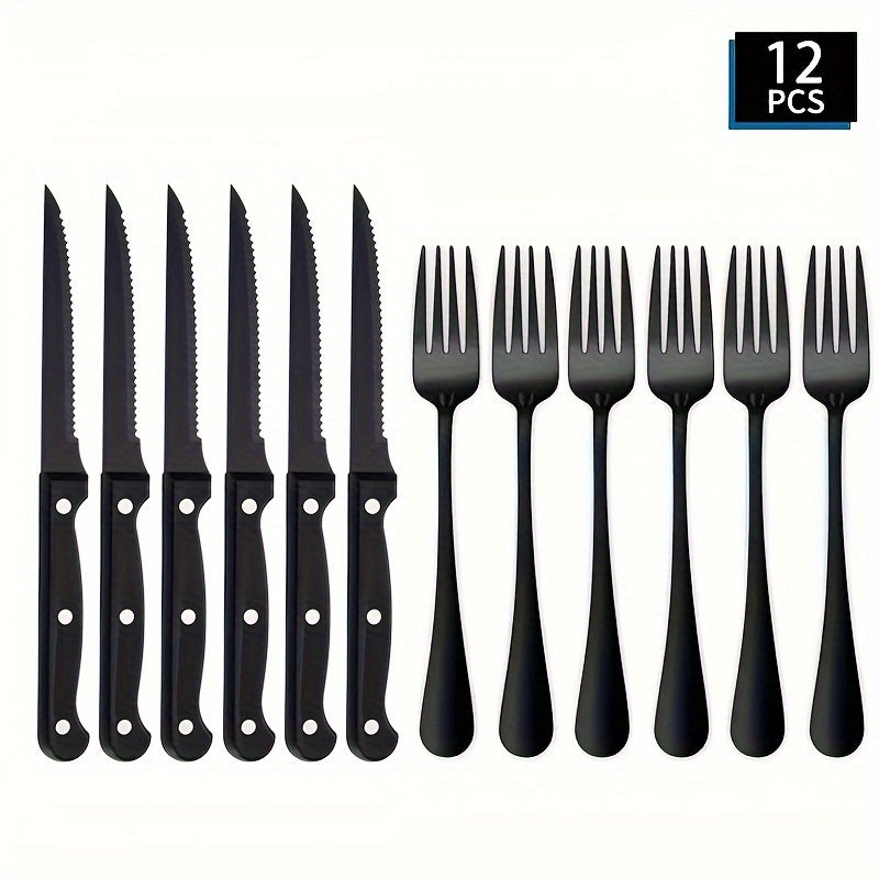 12pcs Stainless Steel Knife and Fork Cutlery Set Classic Black Steak Knife and Fork Dining Table Colorful Pizza Knife Multi-purpose Serrated Bread Knife BBQ Camping Steak Knife and Fork