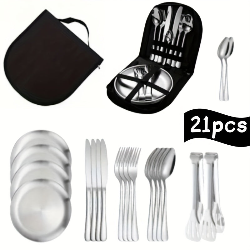 21pcs Stainless Steel Polished Portable Cutlery Set - Durable Outdoor Picnic Tools with Knife, Forks, Plates, Soup Spoons, Bottle Opener, Coffee Spoon, Tongs & Storage Bag, Dishwasher Safe, Reusable for Travel, Camping, Parties & More