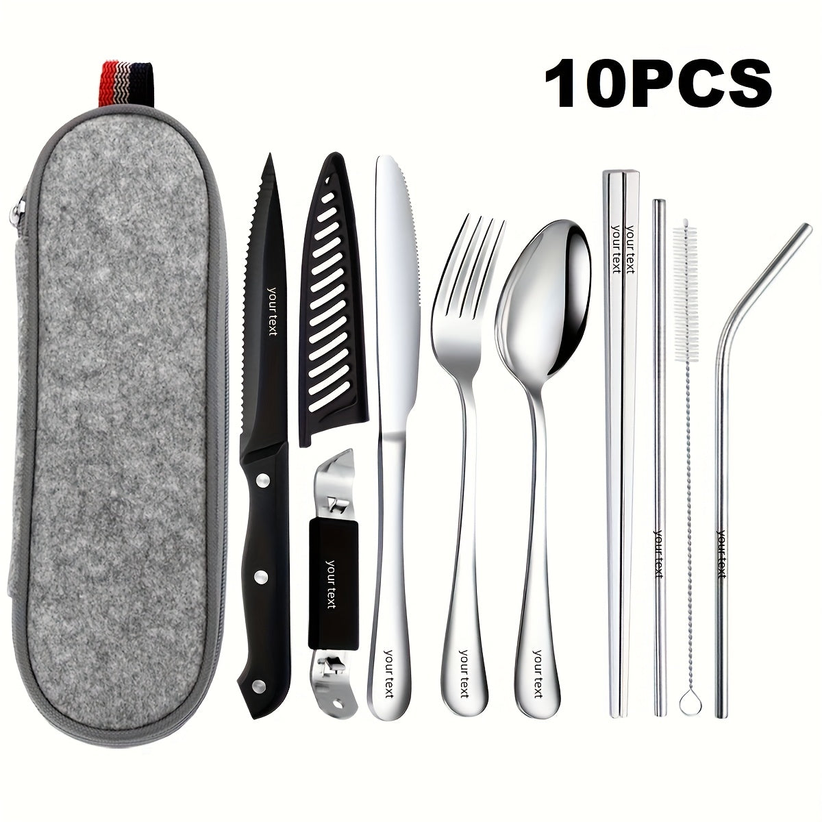Customize Your Text, 9/10pcs Black Silvery Stainless Steel Outdoor Portable Cutlery Set, Travel Camping Set, Including Knife, Fork, Spoon, Chopsticks, Cleaning Brush, Straw, Bottle Opener, Steak Knife with Knife Cover, Safe And Not Easily Damaged