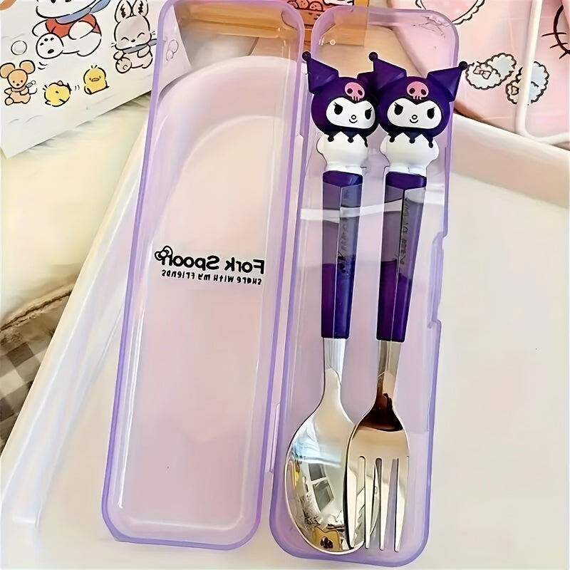 2pcs Sanrio Stainless Steel Portable Cutlery Set - Cute Cartoon Design with Pink Handles, Includes Spoon and Fork, Ideal for Outdoor Travel and Daily Use, Travel Essentials|Playful Design|Durable Cutlery