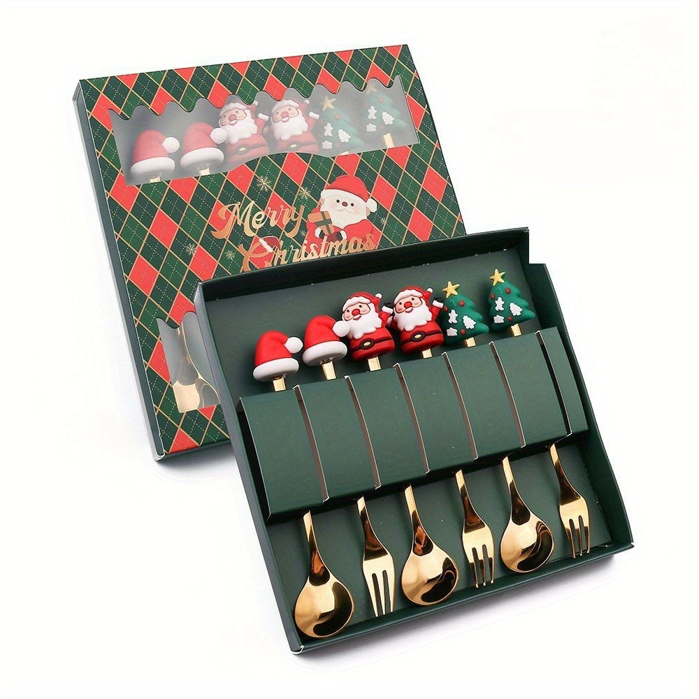 6pcs Stainless Steel Holiday Cutlery Set with Santa & Snowman Dessert Spoons and Forks - 410 Grade Rust-Resistant Christmas, Halloween, Thanksgiving & Eid al-Fitr Gift Box - Festive Tableware for Family Gatherings, Parties, and Seasonal Decorations -
