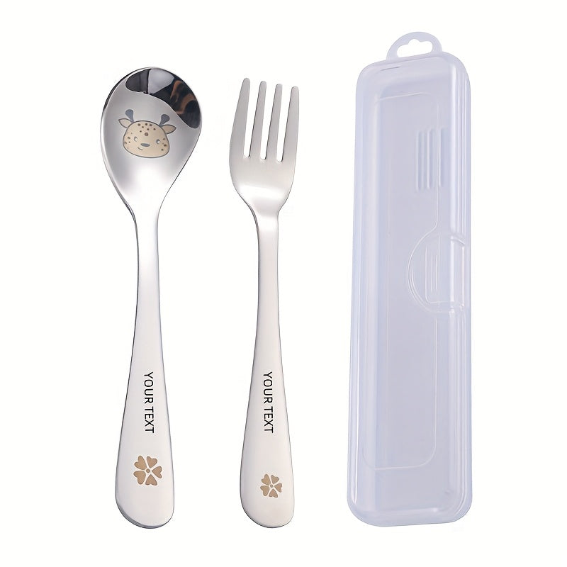 Personalized Customization, 2pcs+Box Portable Cutlery Set with Fork Spoon, Reusable Stainless Steel Fork Spoon Set, Cute Cartoon Cutlery with Cutlery Box, Suitable for Travel, Outdoor Camping, Gift Giving, Cats, Dogs, Pigs, Frogs, Deer