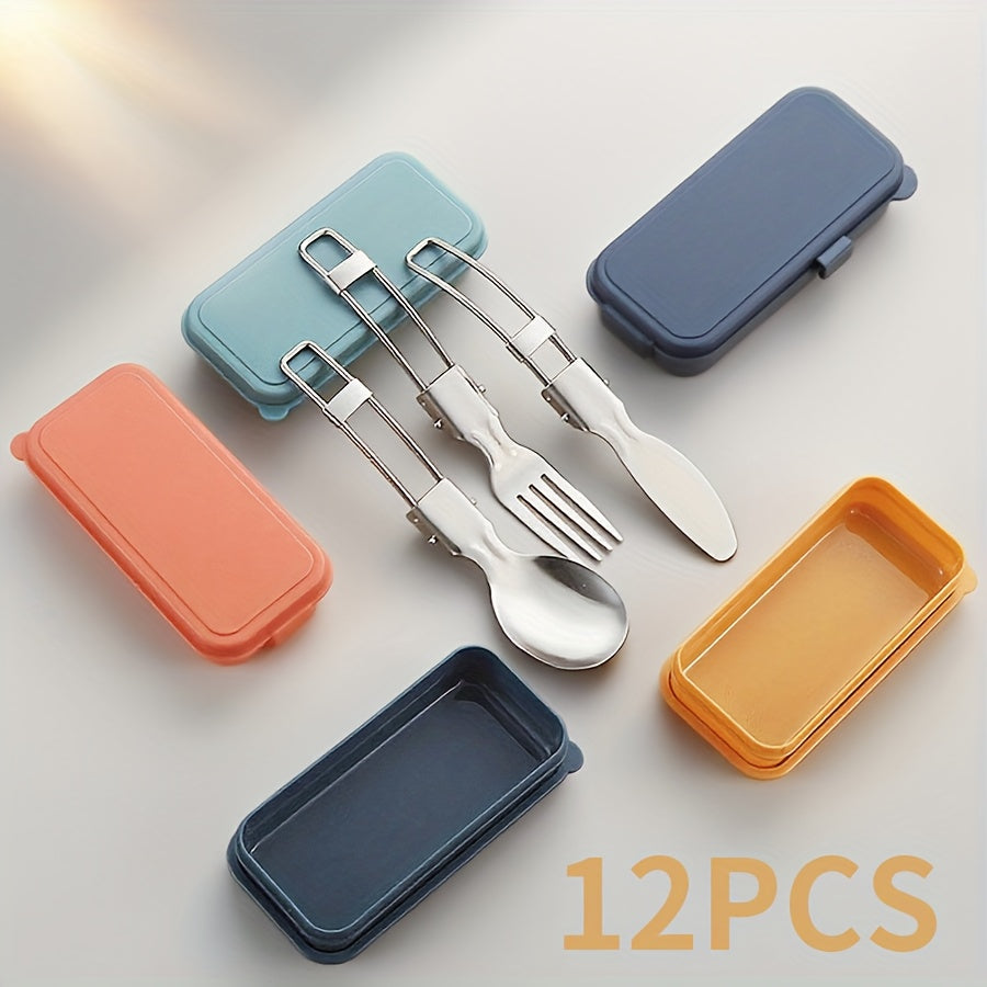 12pcs Portable Stainless Steel Folding Cutlery Set with Storage Case, Includes Spoon and Knife for Camping & Hiking – Reusible Silverware Lunch Box Kit, Camping Dinnerware Set, Camping Utensils, Outdoor Dining, Minimalist Tableware, Foldable Utensils,